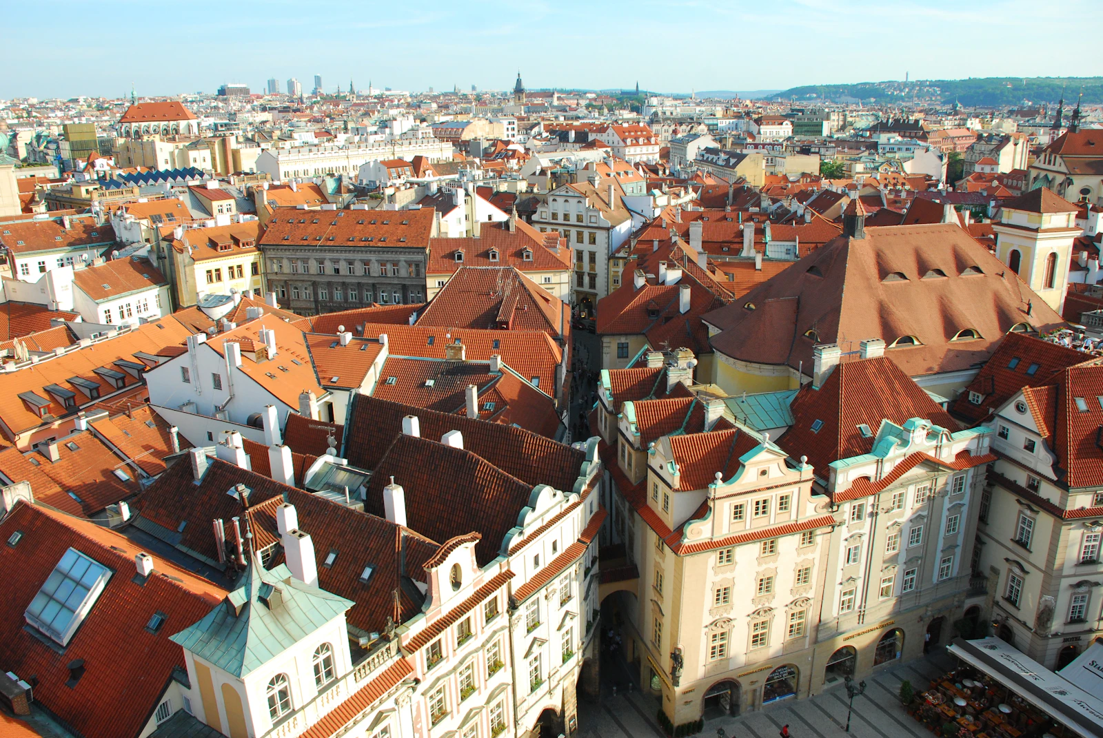 Aerial view of Prague red rooftops and historic buildings