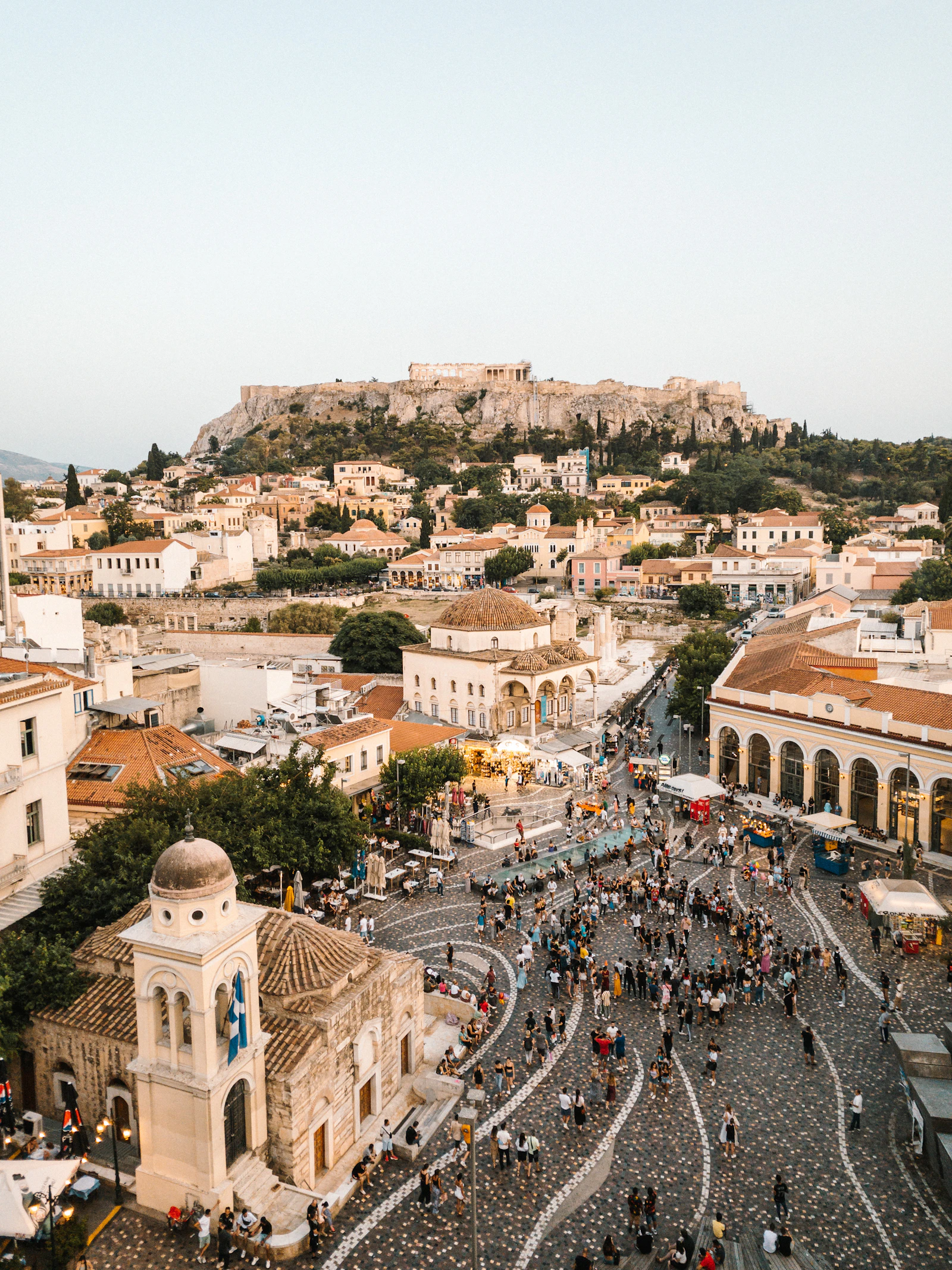 Monastiraki Square in Athens with Acropolis in background