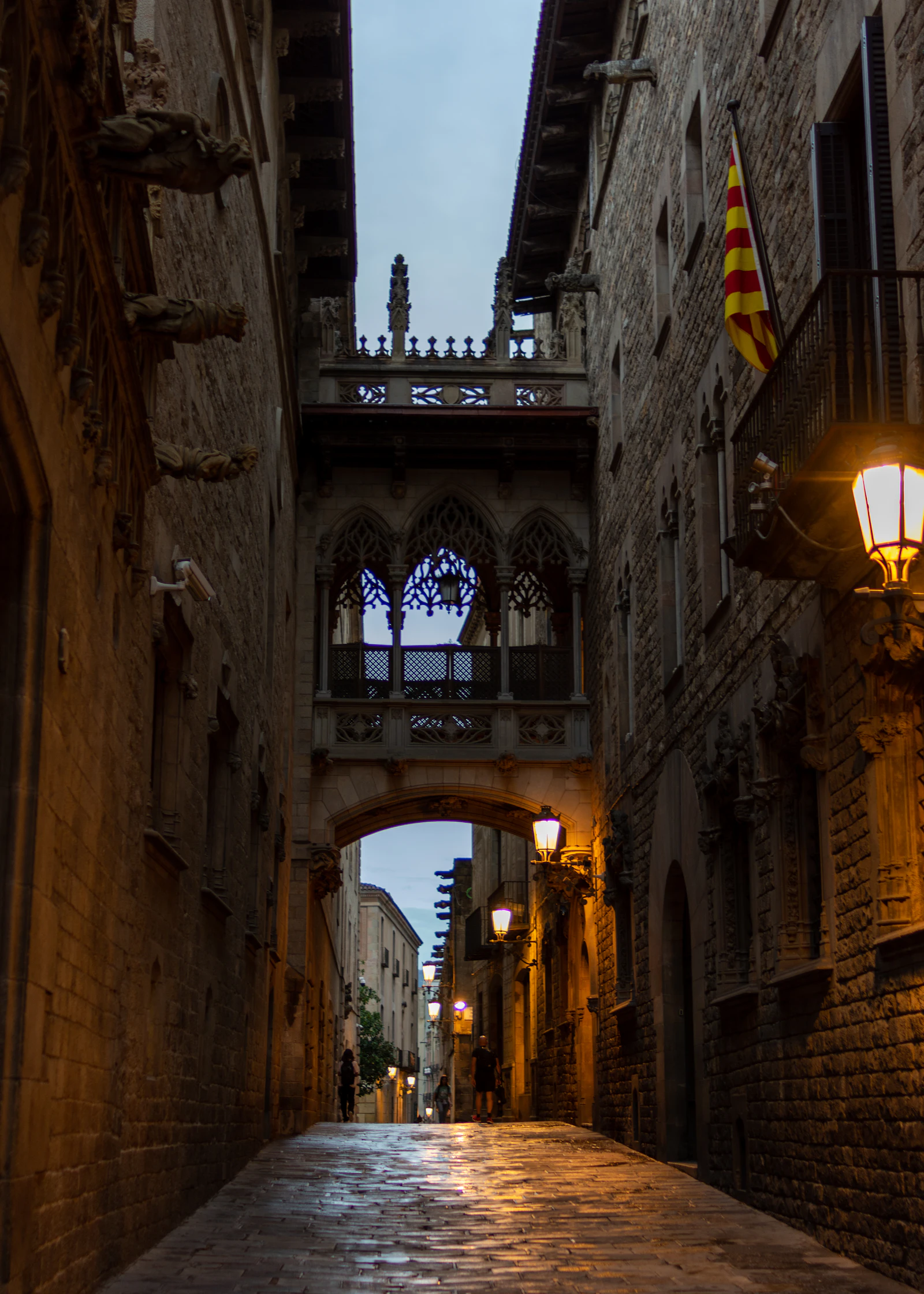 Narrow alleyway with stone bridge in Barcelona's Gothic Quarter