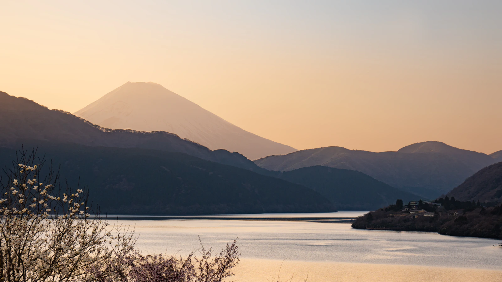 Mount Fuji overlooking Lake Ashi at sunrise