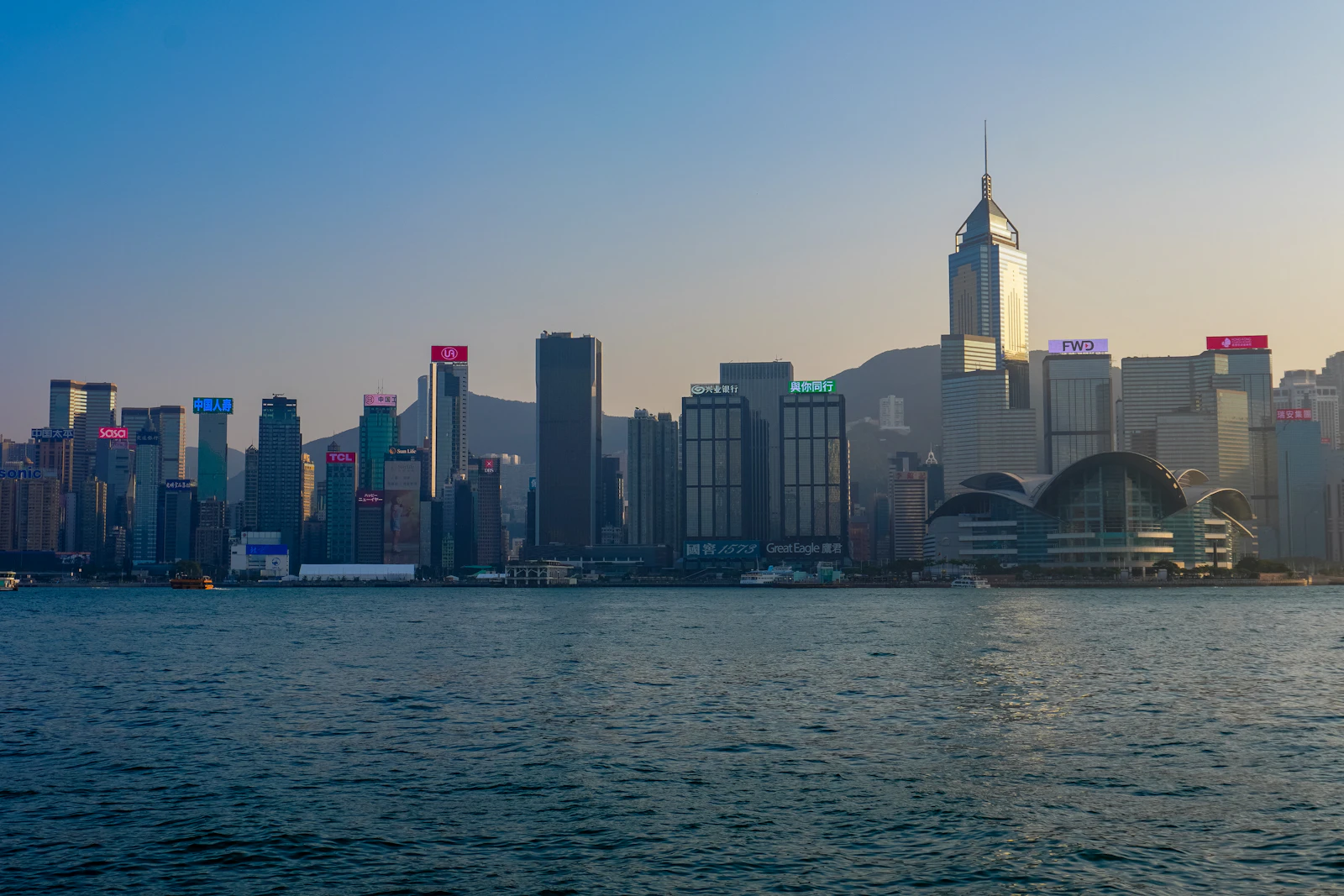 Hong Kong skyline at sunset from Tsim Sha Tsui waterfront